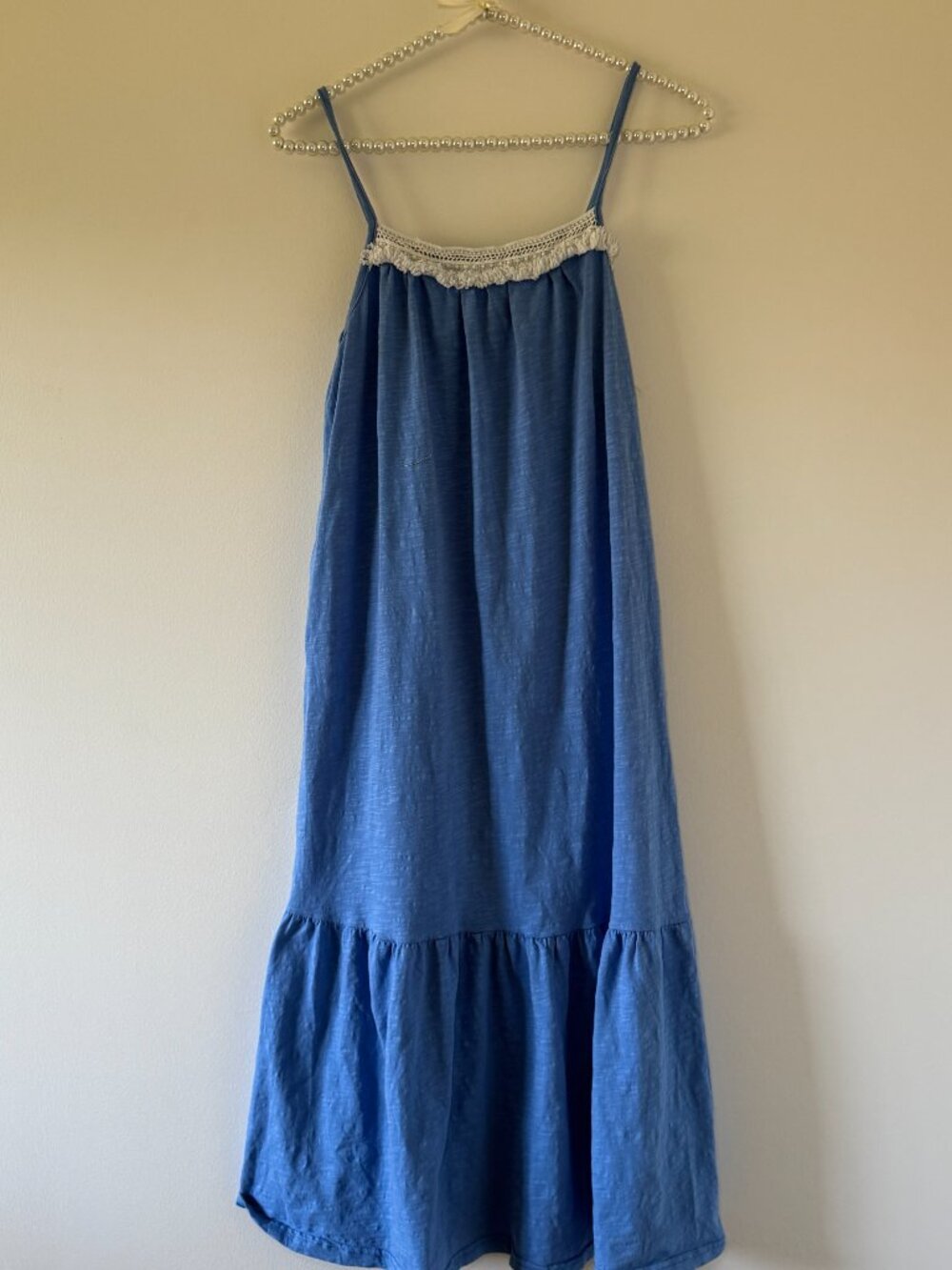 Blue Boho Maxi Dress Crochet Trim Tiered Cotton Sundress - Picture 2 of 8